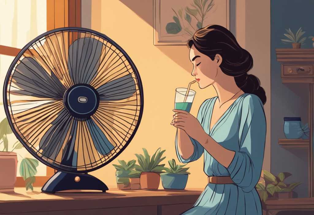 Illustration of a woman in perimenopause standing in front of a fan trying to stop a hot flash