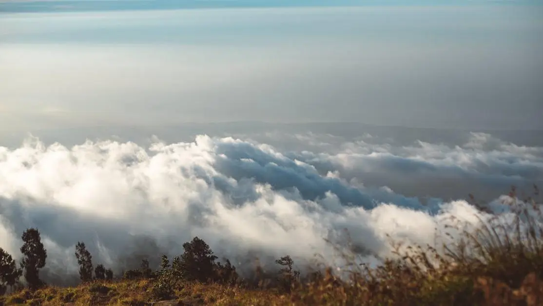 Cumulus clouds enveloping terrain and grassy hilltop in overcast weather