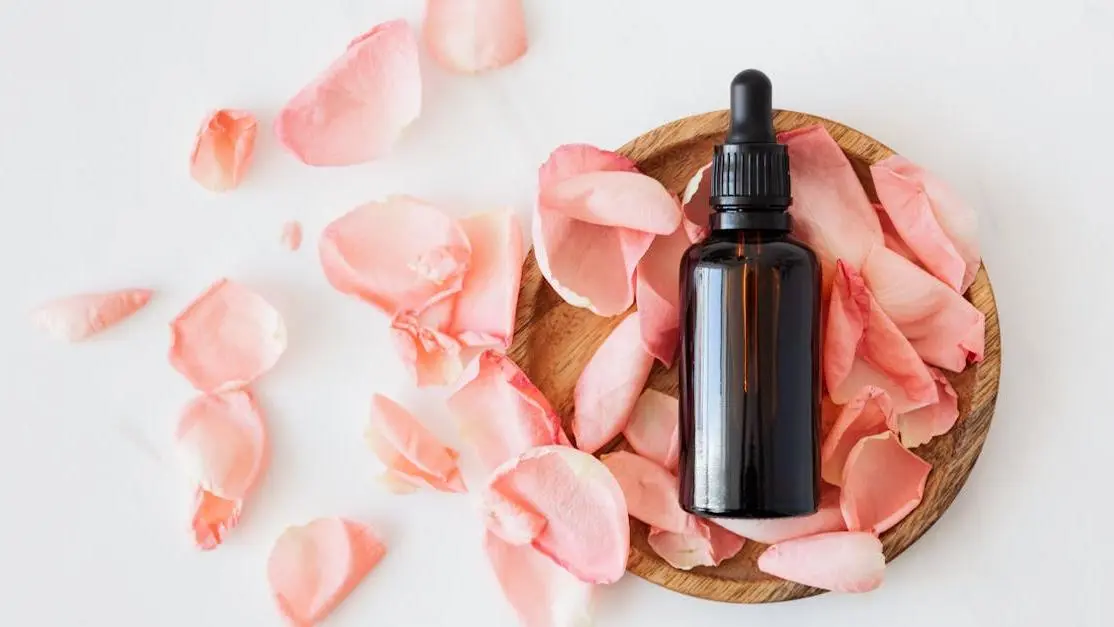 Essential Oils for Menopause: Brown bottle on wooden plate with pink rose petals