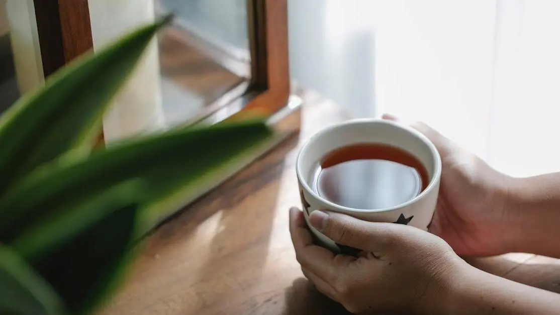 Person holding a cup of herbal tea for hot flashes