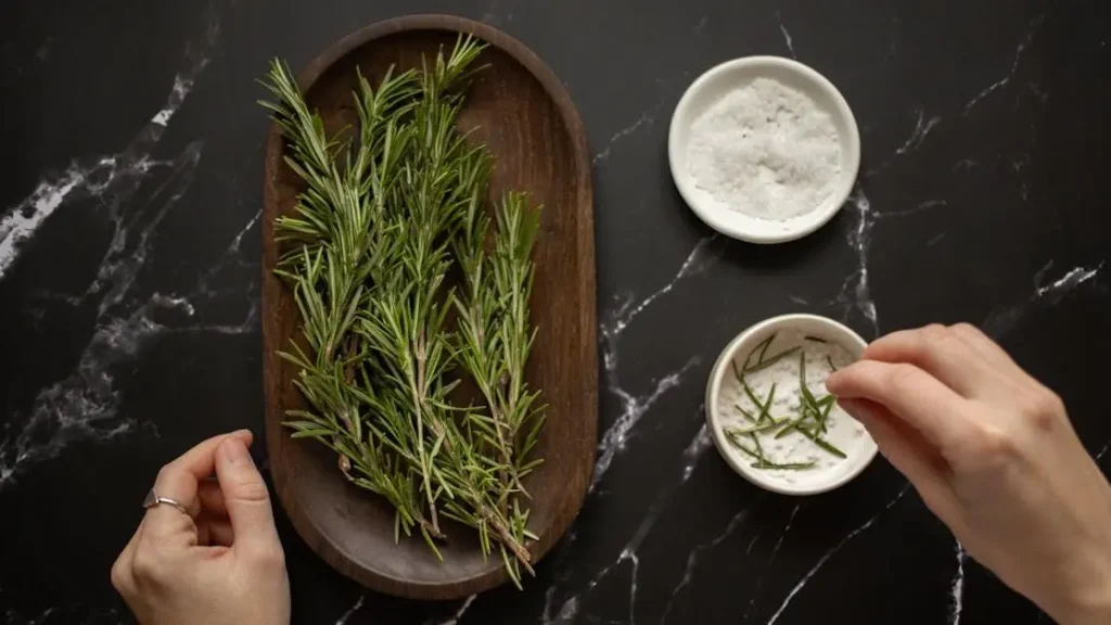 Woman adding fresh rosemary to salt bowl for organic scrub, illustrating home remedies for bacterial vaginosis