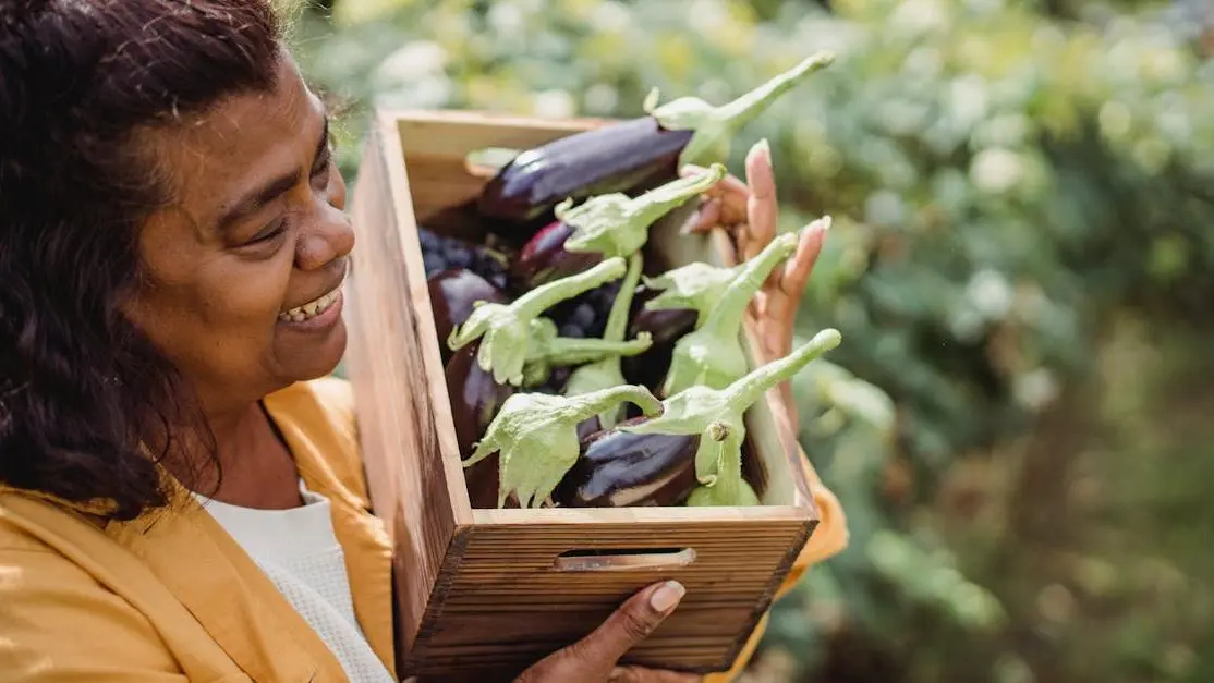 Middle-aged woman holding a box of ripe eggplants, highlighting Post-Menopausal Hair Care.