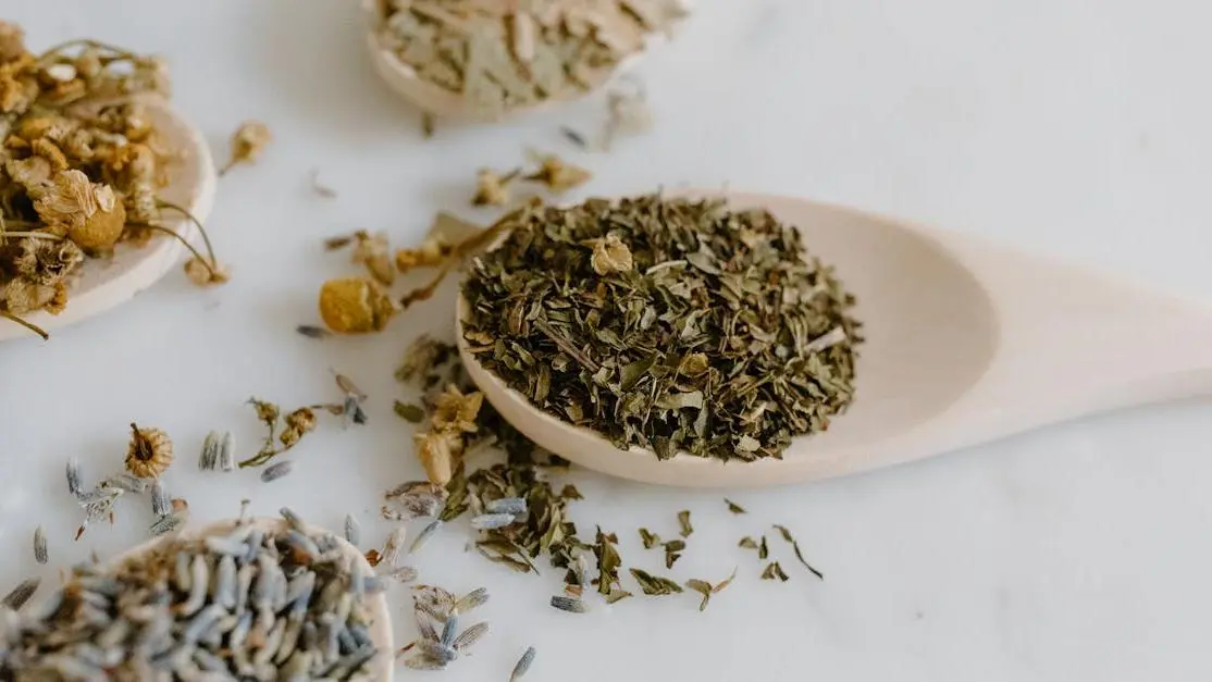 Dried herbs on wooden spoons illustrating Berberine’s health benefits and natural remedies.