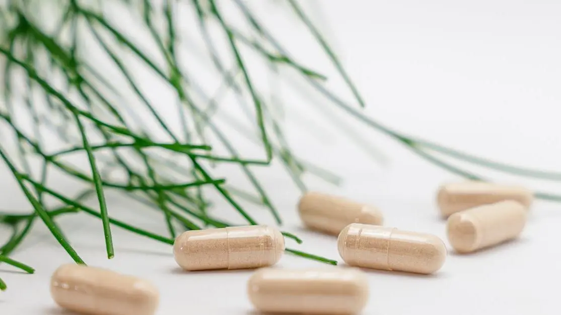 Berberine capsules with green leaves, related to proper dosage for blood sugar management.